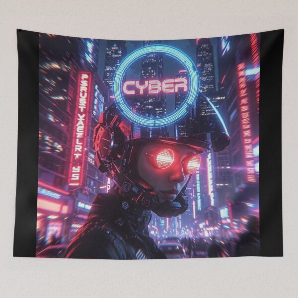 Item preview, Cyberpunk Neon Halo Rider – Futuristic Helmet with Glowing CYBER Ring in Night Metropolis designed and sold by RadaQueen.