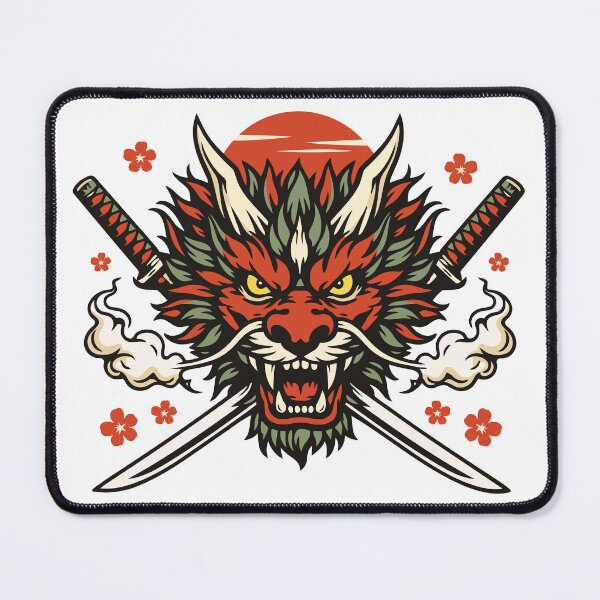 Item preview, Dragon Guardian Emblem – Bold Japanese Oni Style Vector Art with Katana Swords designed and sold by Weasel Graphix.