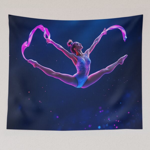 Item preview, Rhythmic Gymnastics Ribbon Leap – Neon Aerial Dance Art designed and sold by DreamyWallVibes.