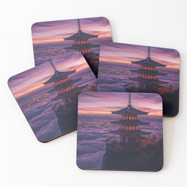 Item preview, Japanese Pagoda Above Clouds Neon Circuit Cyberpunk Art designed and sold by Kynura.