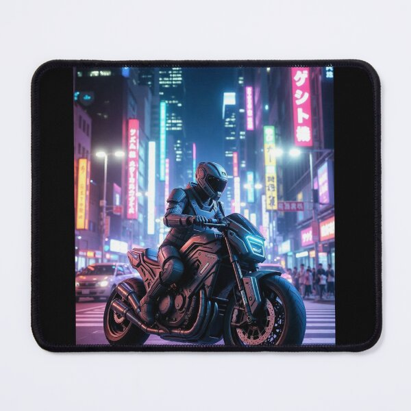Item preview, Cyberpunk Neon Armored Rider – Futuristic Motorcycle in Japanese Neon Metropolis designed and sold by RadaQueen.