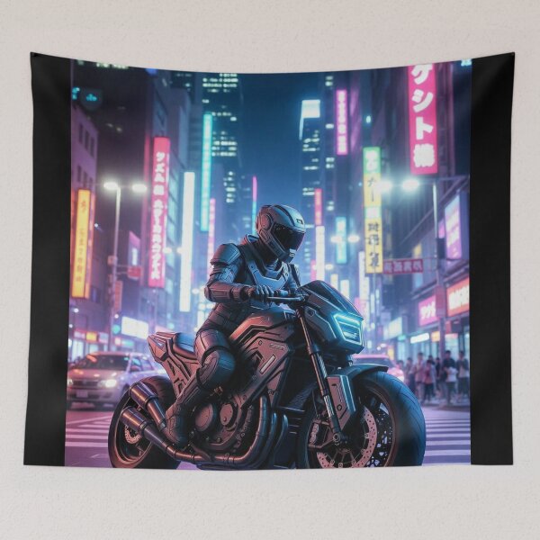 Item preview, Cyberpunk Neon Armored Rider – Futuristic Motorcycle in Japanese Neon Metropolis designed and sold by RadaQueen.