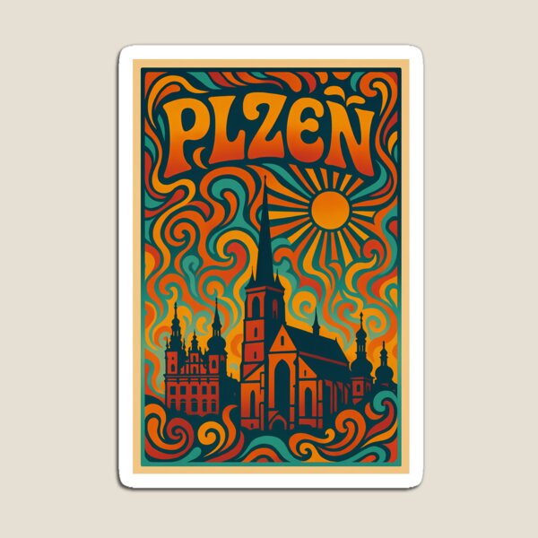 Item preview, Trippy Psychedelic Poster of Plzeň | Neon Historic Skyline | Surreal Czech Cityscape Art designed and sold by PaintedPixels01.