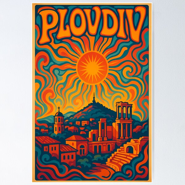 Item preview, Trippy Psychedelic Poster of Plovdiv | Neon Old Town Skyline | Surreal Bulgarian Cityscape Art designed and sold by PaintedPixels01.