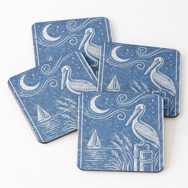 Item preview, Pelican Linocut Print | Blue Nautical Block Art designed and sold by Tiki Cove.