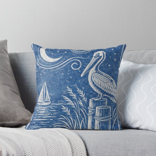 Item preview, Pelican Linocut Print | Blue Nautical Block Art designed and sold by Tiki Cove.
