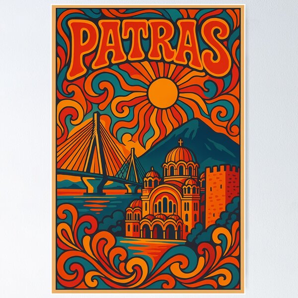 Item preview, Trippy Psychedelic Poster of Patras | Neon Harbor & Castle Skyline | Surreal Greek Cityscape Art designed and sold by PaintedPixels01.