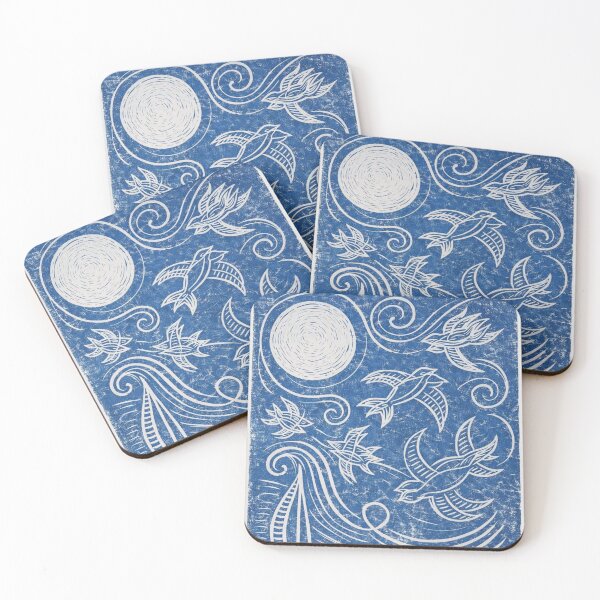 Item preview, Blue Coastal Swallows Linocut | Nautical Block Wall Art designed and sold by Tiki Cove.