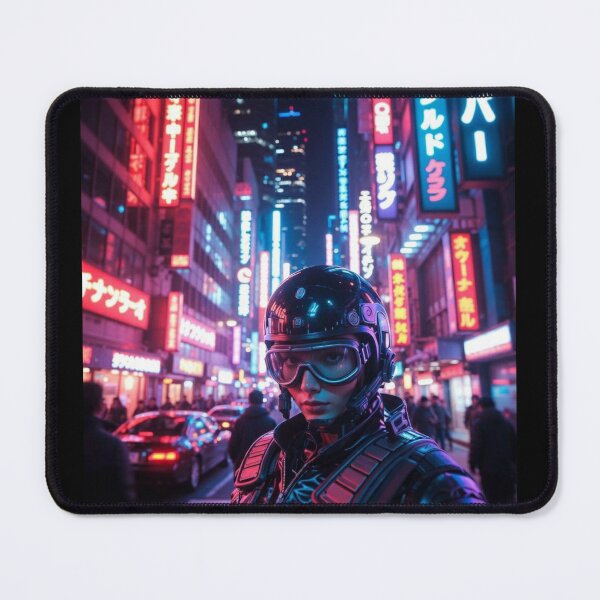 Item preview, Title Cyberpunk Neon Street Enforcer – Futuristic Goggles Helmet in Tokyo Night Rain designed and sold by RadaQueen.