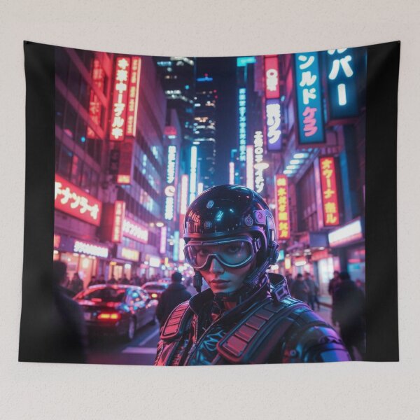 Item preview, Title Cyberpunk Neon Street Enforcer – Futuristic Goggles Helmet in Tokyo Night Rain designed and sold by RadaQueen.