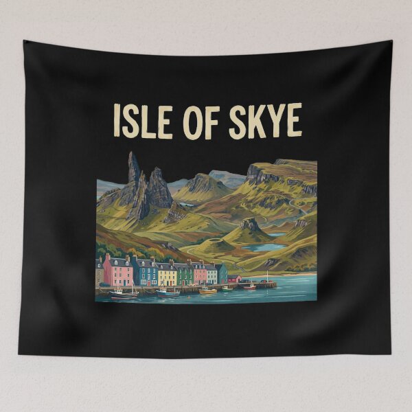 Item preview, Isle of Skye Scotland Vintage Travel Art - Portree Harbor & Storr designed and sold by Loom on the Loch.