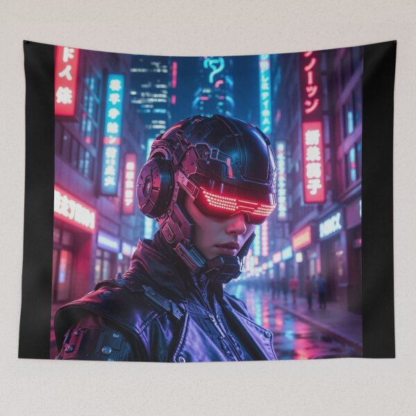 Item preview, Cyberpunk Neon Visor Warrior – Futuristic Helmet in Rainy Tokyo Streets designed and sold by RadaQueen.