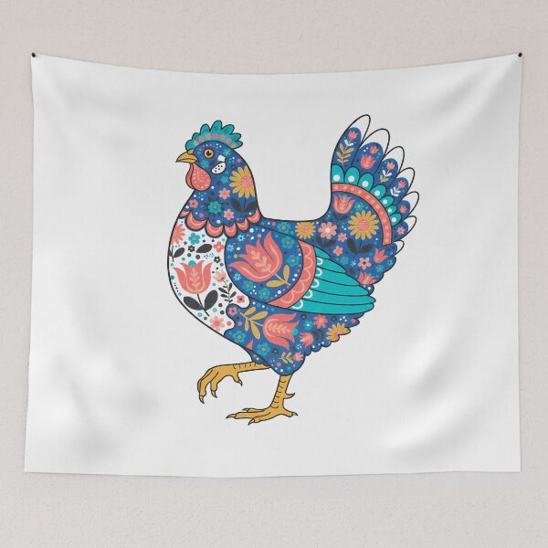 Item preview, Patterned Chicken with Tulips and Daisies – Scandinavian Folk Art by heidiannemorris © designed and sold by FOLK ART FUSION by heidiannemorris.