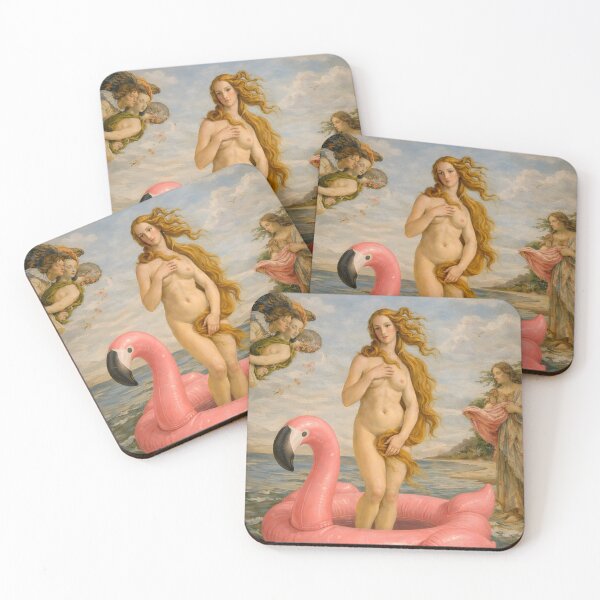 Item preview, The Birth of Beach Party Venus — Inspired by Sandro Botticelli’s “The Birth of Venus” (ca. 1445–1510), who never stood in a flamingo floatie.  designed and sold by TheArtsyFrogs.
