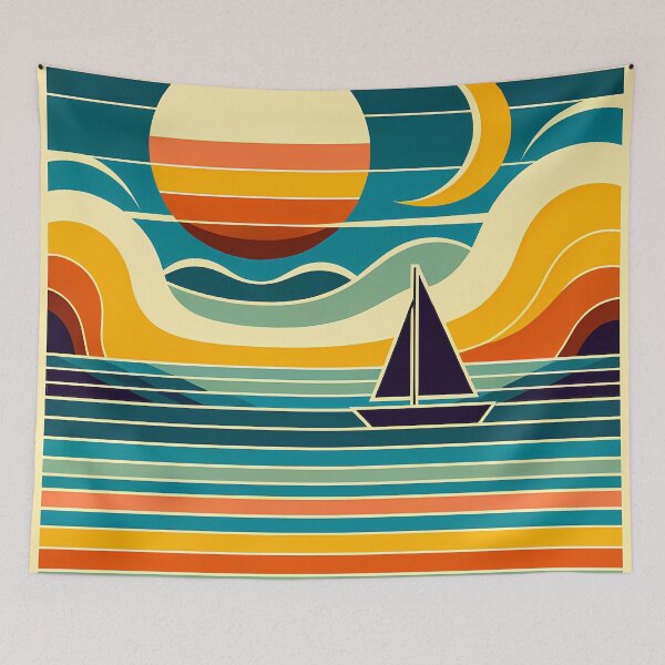 Aperçu de l'œuvre Coucher de soleil minimaliste en voilier avec lune et vagues créée et vendue par InkSmithery.