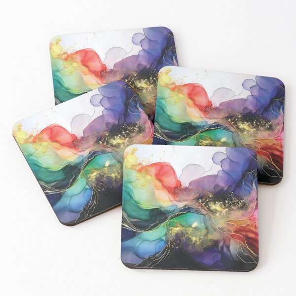 Item preview, Dark Spring, Black VINTAGE Fluid art, rainbow and gold watercolour abstract artwork, multicolour alcohol ink effect, vibrant colorful spring painting  designed and sold by navitalidesign.