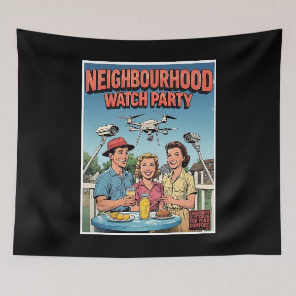 Item preview, Neighbourhood Watch Party Poster, Vintage Comic Style Drone Surveillance Artwork designed and sold by JawKneeArt.