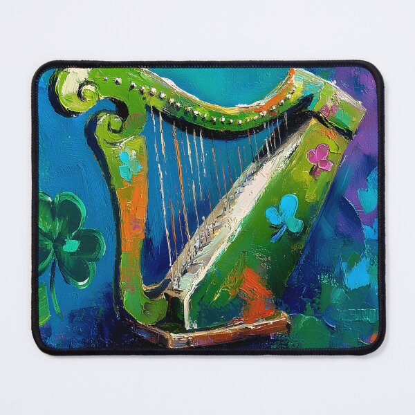 Item preview, St Patrick's Day Vibrant Green Harp Decorated with Colorful Shamrocks on Rich Blue Background designed and sold by OlfactoART Studio.