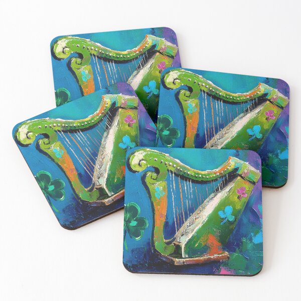 Item preview, St Patrick's Day Vibrant Green Harp Decorated with Colorful Shamrocks on Rich Blue Background designed and sold by OlfactoART Studio.