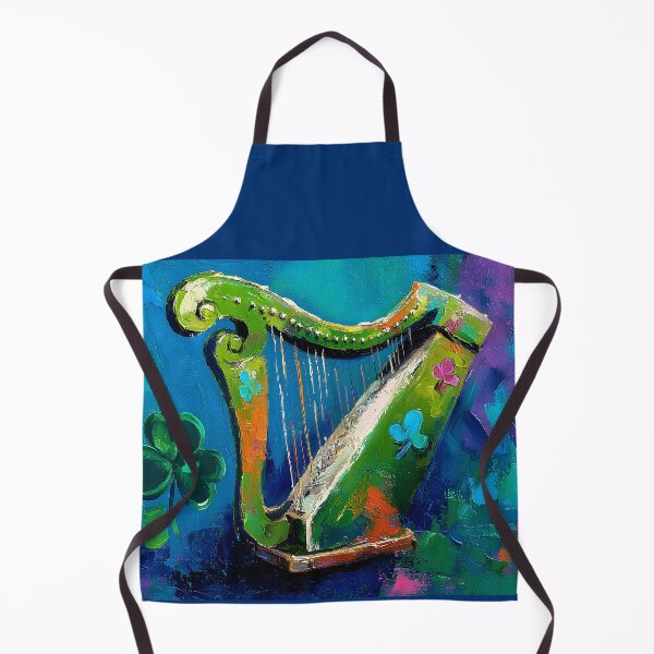 Item preview, St Patrick's Day Vibrant Green Harp Decorated with Colorful Shamrocks on Rich Blue Background designed and sold by OlfactoART Studio.