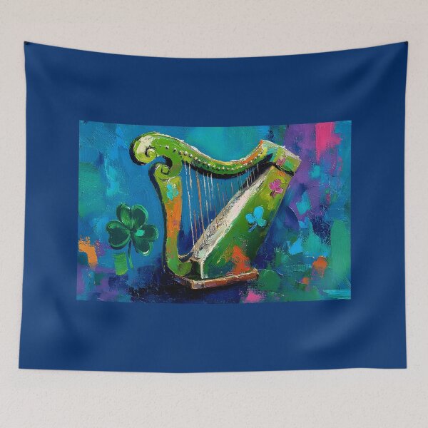 Item preview, St Patrick's Day Vibrant Green Harp Decorated with Colorful Shamrocks on Rich Blue Background designed and sold by OlfactoART Studio.