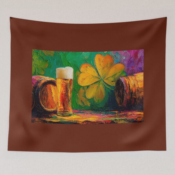 Item preview, St Patrick's Day Frothy Beer with Colorful Barrels and Orange Clover Amid Vibrant Greens and Purples designed and sold by OlfactoART Studio.
