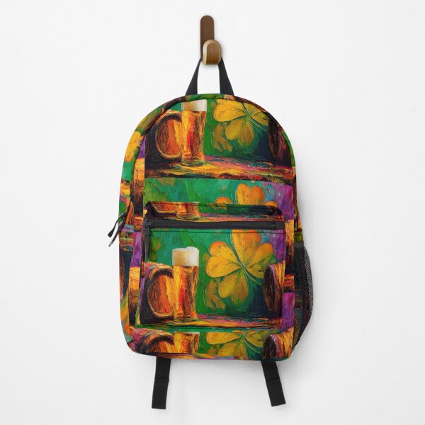 Item preview, St Patrick's Day Frothy Beer with Colorful Barrels and Orange Clover Amid Vibrant Greens and Purples designed and sold by OlfactoART Studio.
