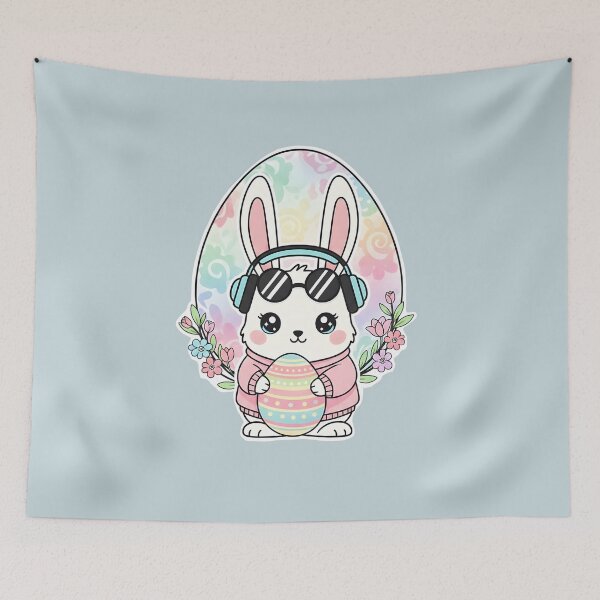 Item preview, Kawaii Easter Bunny DJ With Headphones And Flowers designed and sold by Dakson Design - Fantasy Art.
