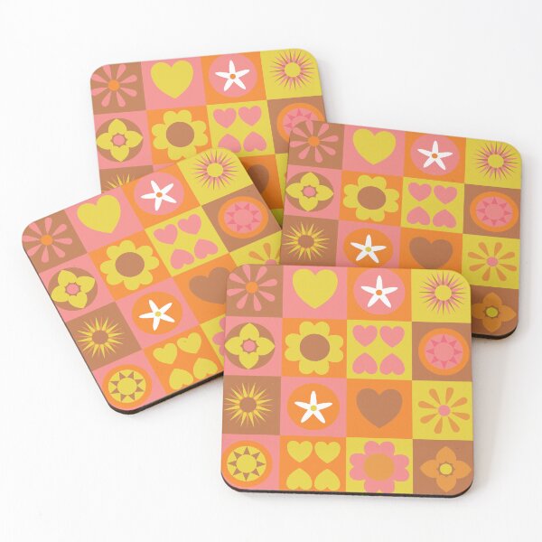 Item preview, retro-inspired stylized flowers and hearts on checkered background designed and sold by Sheridanlongdog.