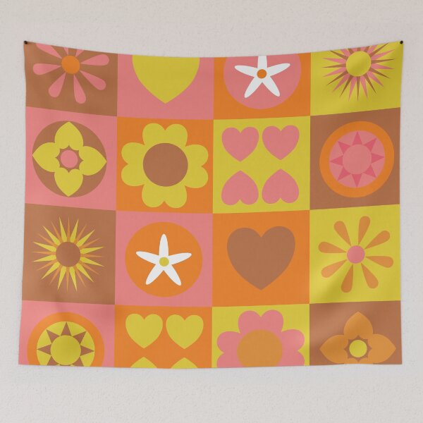 Item preview, retro-inspired stylized flowers and hearts on checkered background designed and sold by Sheridanlongdog.