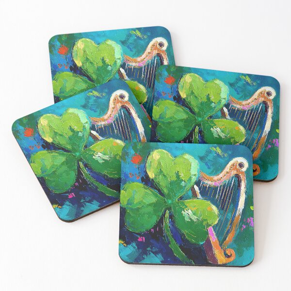 Item preview, St Patrick's Day Green Clover and Golden Harp in Vibrant Lively Composition designed and sold by OlfactoART Studio.