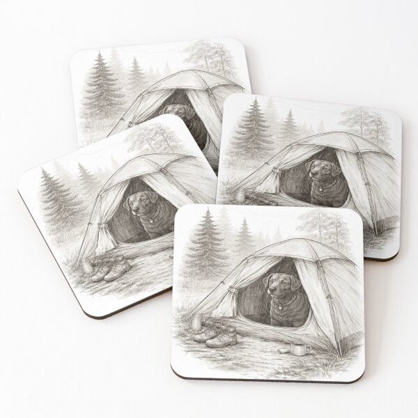 Item preview, Labrador in Tent Pencil Sketch | Quiet Camp Dog Art | Chocolate Lab Camping designed and sold by PawPrintCustom.