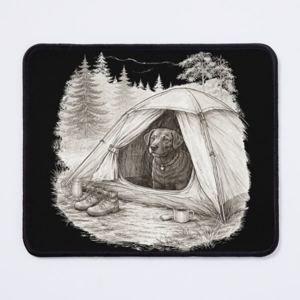 Item preview, Labrador in Tent Pencil Sketch | Quiet Camp Dog Art | Chocolate Lab Camping designed and sold by PawPrintCustom.