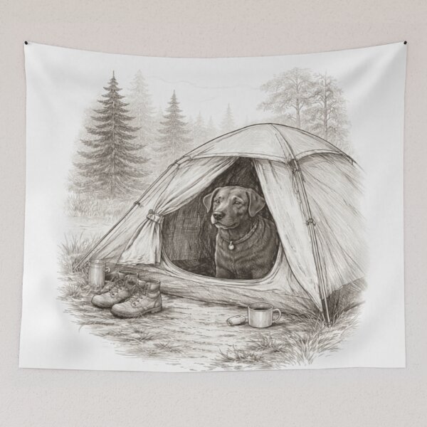 Item preview, Labrador in Tent Pencil Sketch | Quiet Camp Dog Art | Chocolate Lab Camping designed and sold by PawPrintCustom.
