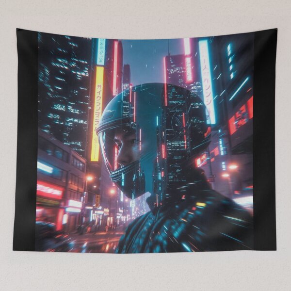 Item preview, Cyberpunk Neon Rain Reflection – Futuristic Helmet in Blurred Tokyo Night designed and sold by RadaQueen.