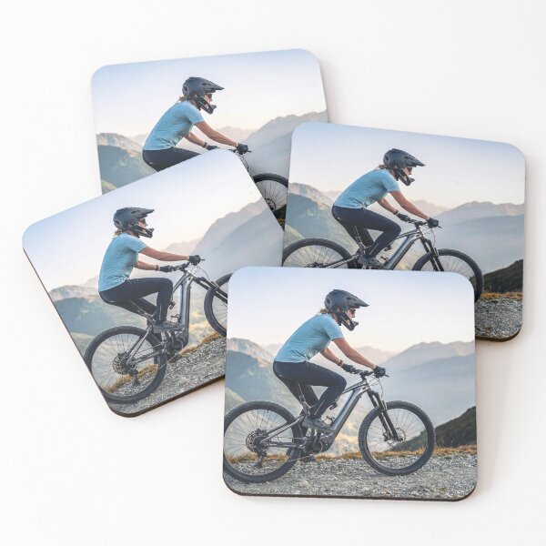 Item preview, Female Electric Mountain Biker Riding Alpine Ridge Trail in Early Morning Light designed and sold by Hinson MTB Visuals.