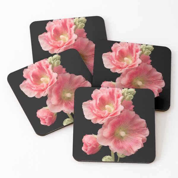 Item preview,  Vibrant Pink Hollyhock Flowers on Black Background – Dramatic Botanical Fine Art Print designed and sold by Mindrender.