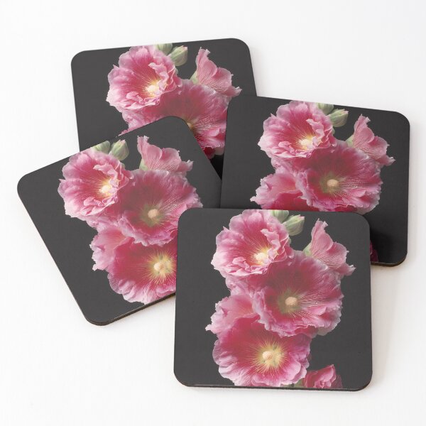 Item preview,  Vibrant Pink Hollyhock Flowers on Black Background – Dramatic Botanical Fine Art Print designed and sold by Mindrender.