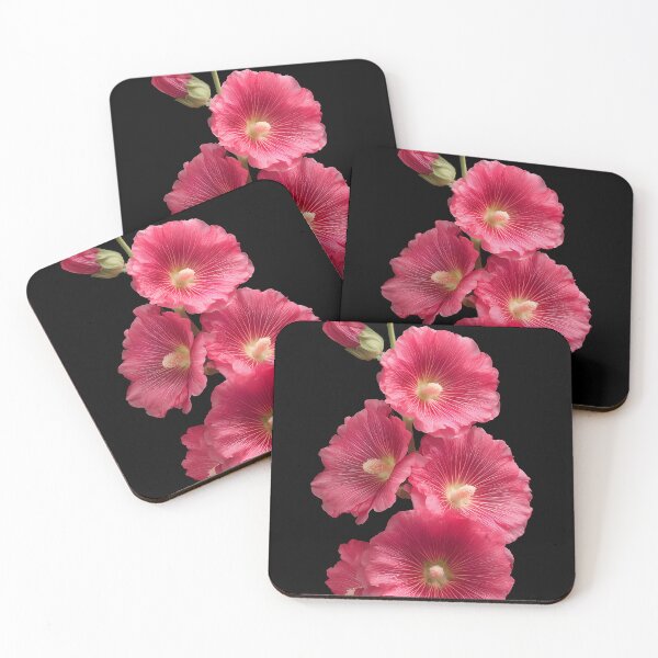 Item preview, Vibrant Pink Hollyhock Flowers on Black Background – Dramatic Botanical Fine Art Print designed and sold by Mindrender.