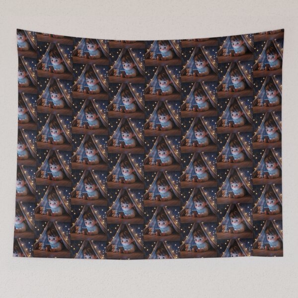 Item preview, Cozy Night Tent – Cute Boy with Phone & Teddy 3D Illustration designed and sold by TrendTonic1.
