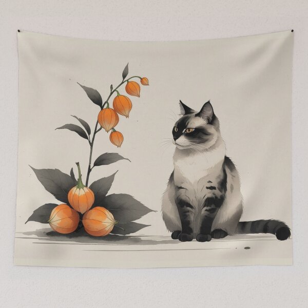 Item preview, Ink Wash Cat with Physalis Lanterns designed and sold by LEO'S CREATURE　れおずくりーちゃー.