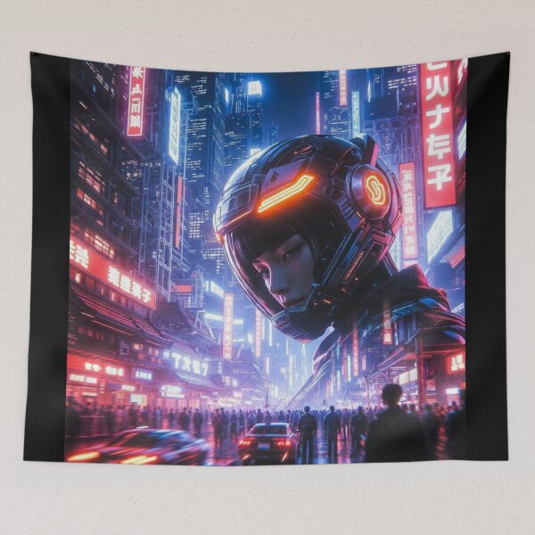 Item preview, Cyberpunk Neon Giantess – Futuristic Helmet in Crowded Tokyo Night Metropolis designed and sold by RadaQueen.