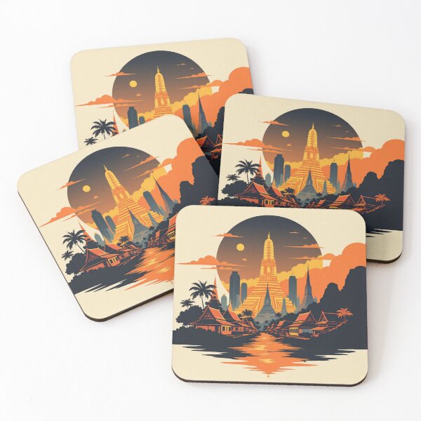 Item preview, Bangkok Sunset Temple Skyline – Retro Thailand Travel Poster designed and sold by KiraChie.