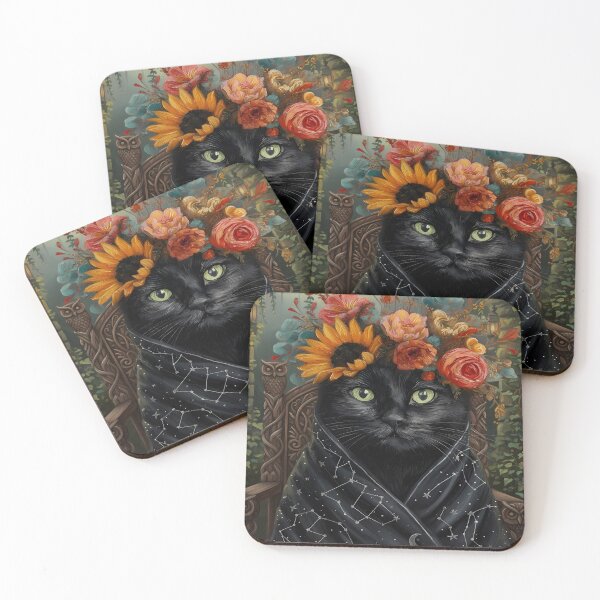 Item preview, Black Cat with Floral Crown and Constellation Scarf designed and sold by Daniel Abdelmaseih.