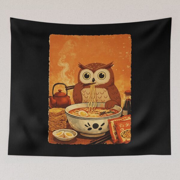Item preview, Owl Eating Ramen Cozy Food Humor Illustration Warm Retro Style designed and sold by JEFDodsonArt.