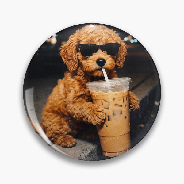 Item preview, Cute Cavapoo Puppy Wearing Sunglasses Drinking Iced Coffee On City Street designed and sold by Phil Ben.