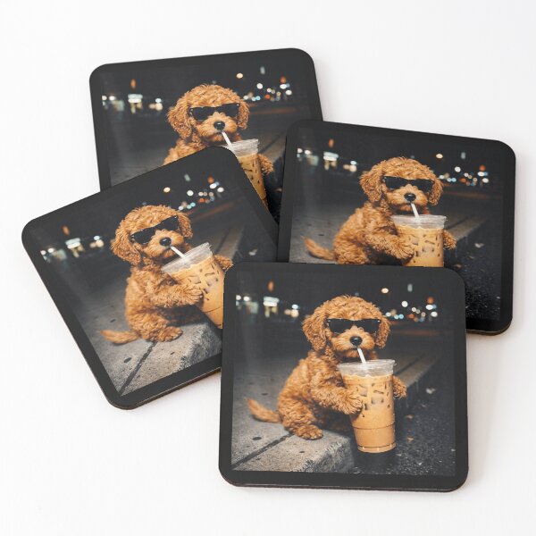 Item preview, Cute Cavapoo Puppy Wearing Sunglasses Drinking Iced Coffee On City Street designed and sold by Phil Ben.