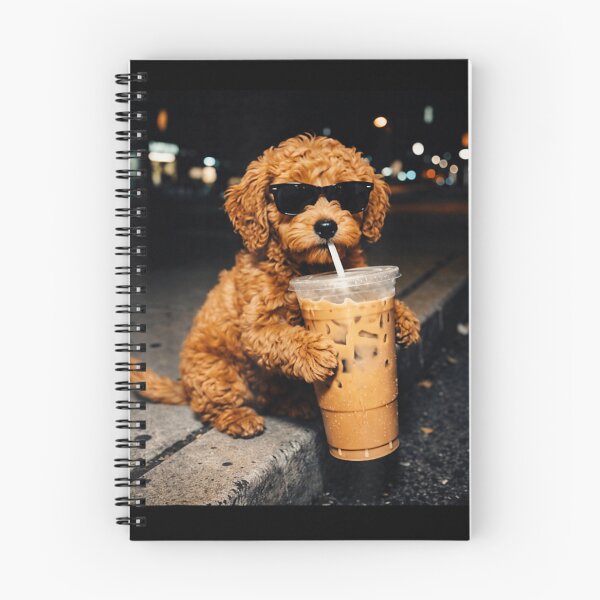 Item preview, Un adorable cachorro Cavapoo con gafas de sol tomando café helado en una calle de la ciudad. designed and sold by Phil Ben.