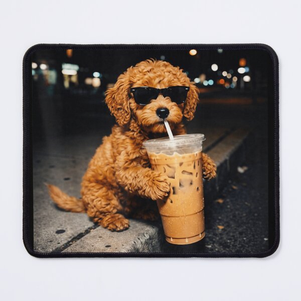 Item preview, Cute Cavapoo Puppy Wearing Sunglasses Drinking Iced Coffee On City Street designed and sold by Phil Ben.