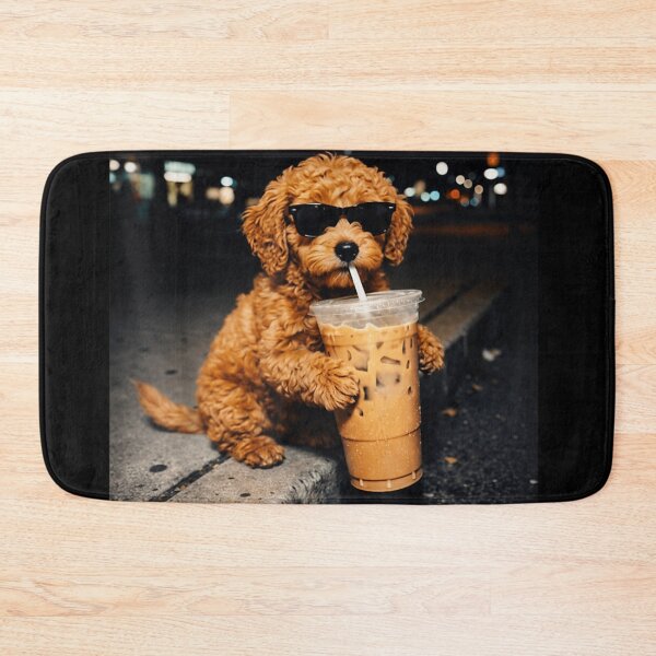 Item preview, Cute Cavapoo Puppy Wearing Sunglasses Drinking Iced Coffee On City Street designed and sold by Phil Ben.